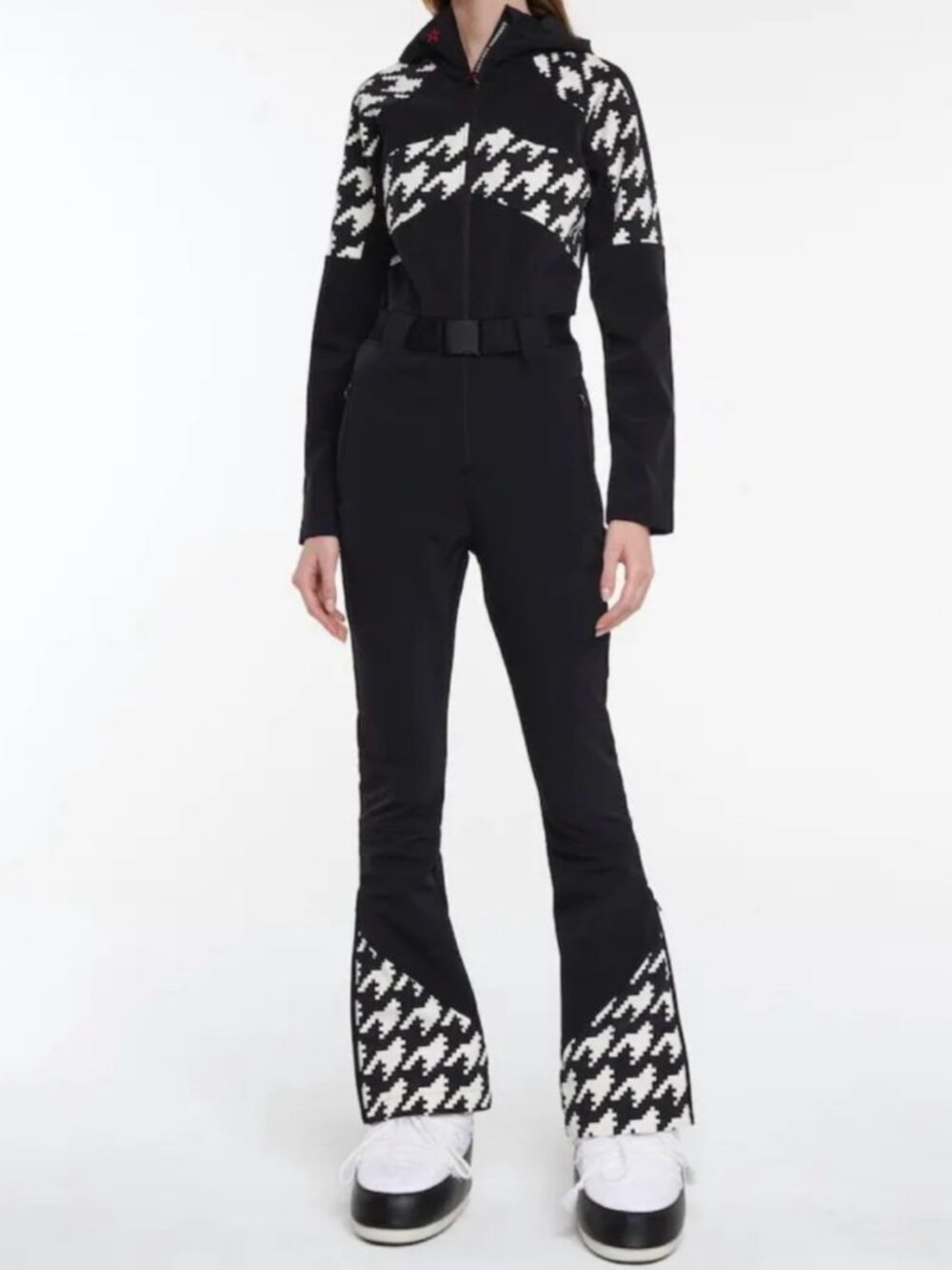 Perfect Moment Tignes Over-The-Boot Ski Suit Houndstooth Black White Jumpsuit